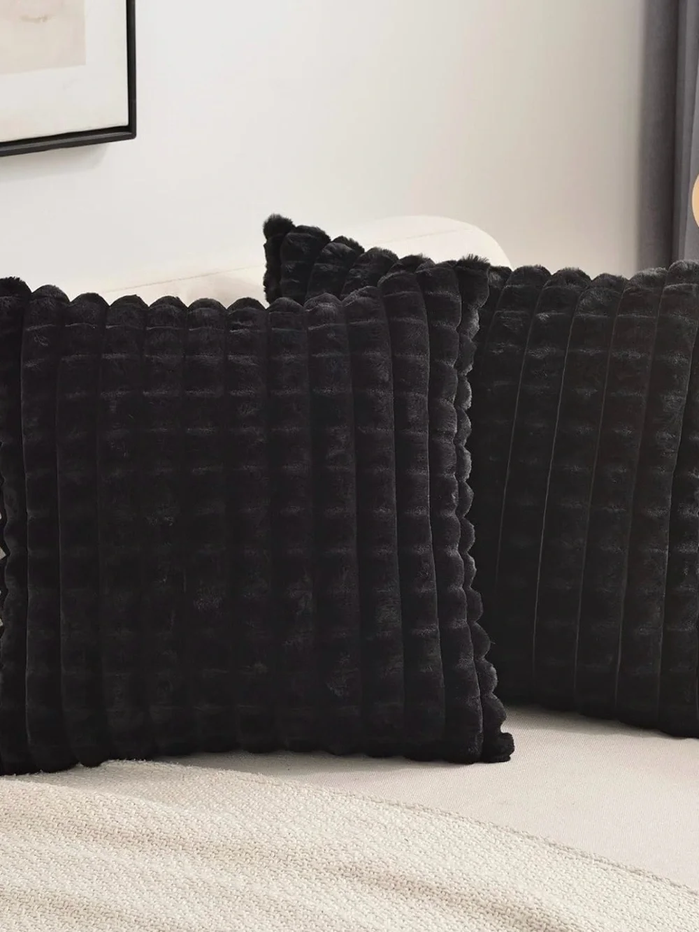 Black Plush Ribbed Throw Pillow Covers